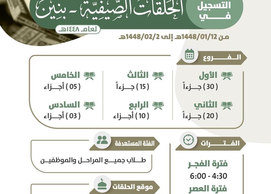 بدء التسجيل في الحلقات الصيفية لجمعية تحفيظ القرآن الكريم بالرس ١٤٤٨ هـ